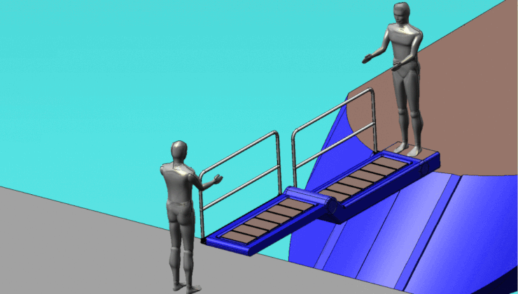 Folding carbon fiber gangway with self-aligning steps usable as a swimming ladder